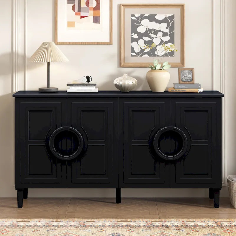58.9" Sideboard Cabinet with 4 Doors - French Style, Round Ring Handles, Adjustable Shelf, MDF, 5 Legs