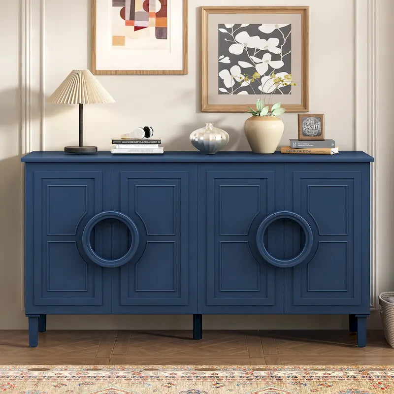 58.9" Sideboard Cabinet with 4 Doors - French Style, Round Ring Handles, Adjustable Shelf, MDF, 5 Legs