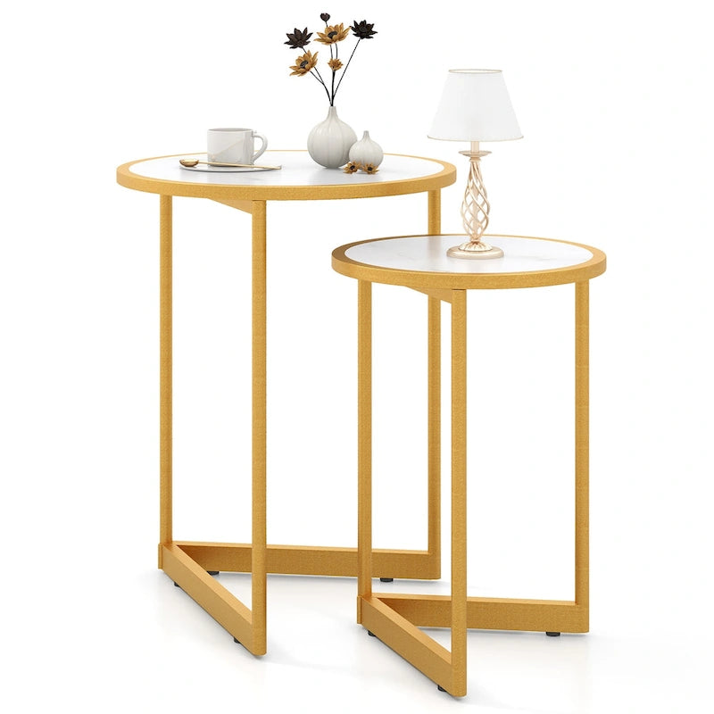 Gymax Round Nesting Side Table Set of 2 Stacking Coffee Tables w/ Faux