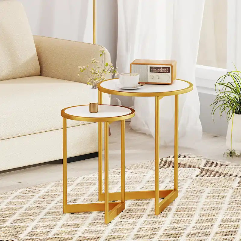 Round Nesting Tables Set of 2 - Faux Marble Top, Gold Metal Frame, 33lbs Capacity Each, Engineered Wood