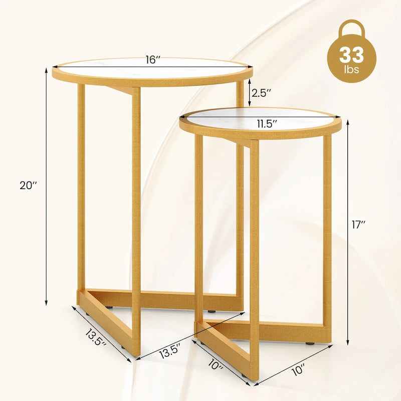 Round Nesting Tables Set of 2 - Faux Marble Top, Gold Metal Frame, 33lbs Capacity Each, Engineered Wood