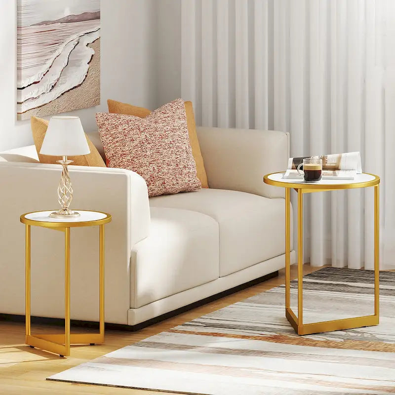 Round Nesting Tables Set of 2 - Faux Marble Top, Gold Metal Frame, 33lbs Capacity Each, Engineered Wood