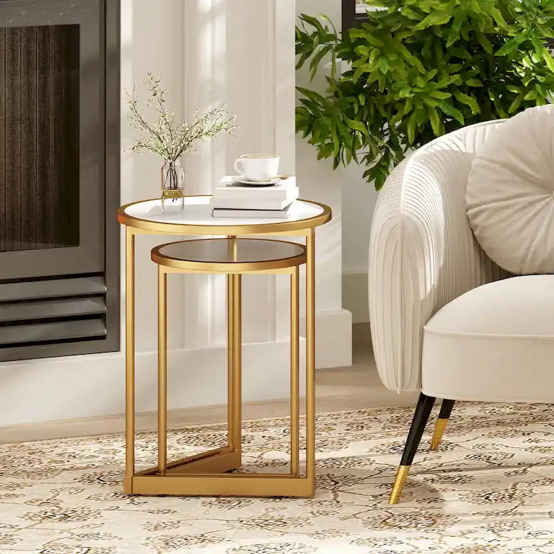Round Nesting Tables Set of 2 - Faux Marble Top, Gold Metal Frame, 33lbs Capacity Each, Engineered Wood