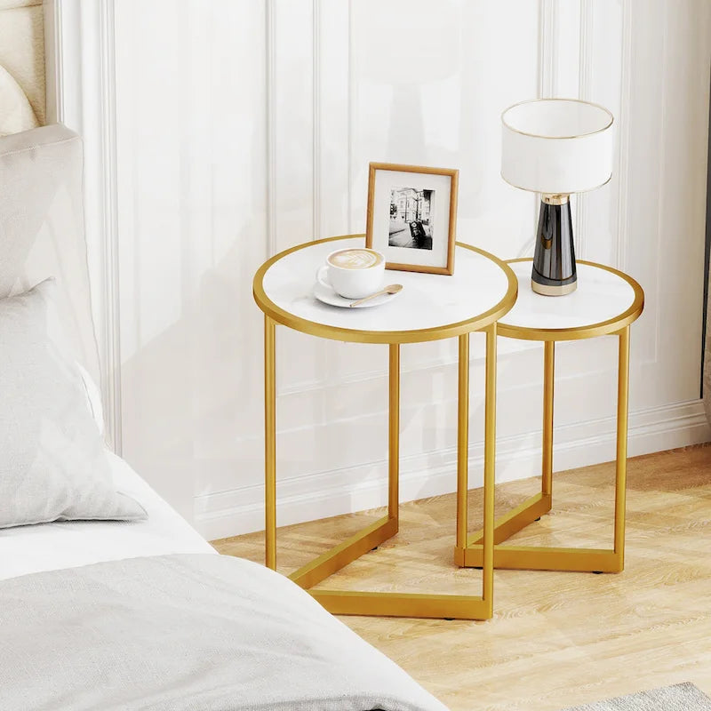 Round Nesting Tables Set of 2 - Faux Marble Top, Gold Metal Frame, 33lbs Capacity Each, Engineered Wood