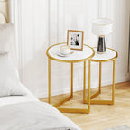 Round Nesting Tables Set of 2 - Faux Marble Top, Gold Metal Frame, 33lbs Capacity Each, Engineered Wood