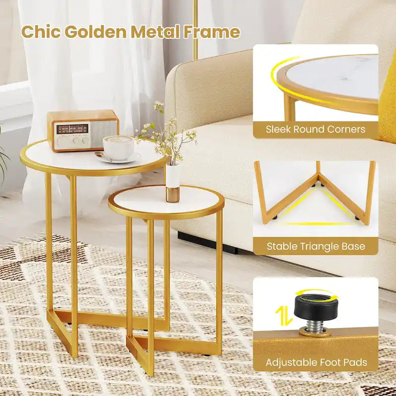 Round Nesting Tables Set of 2 - Faux Marble Top, Gold Metal Frame, 33lbs Capacity Each, Engineered Wood