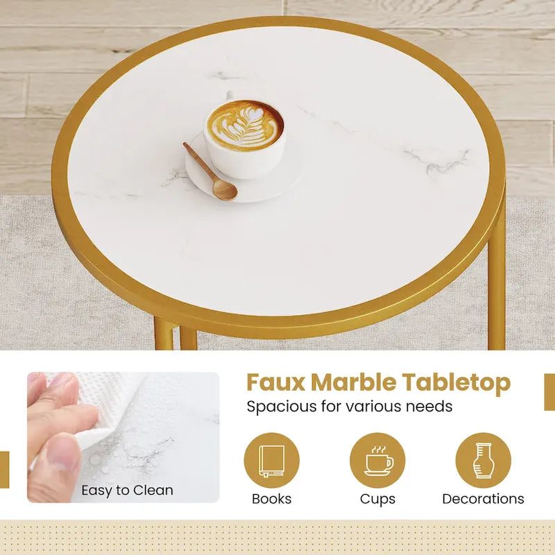 Round Nesting Tables Set of 2 - Faux Marble Top, Gold Metal Frame, 33lbs Capacity Each, Engineered Wood
