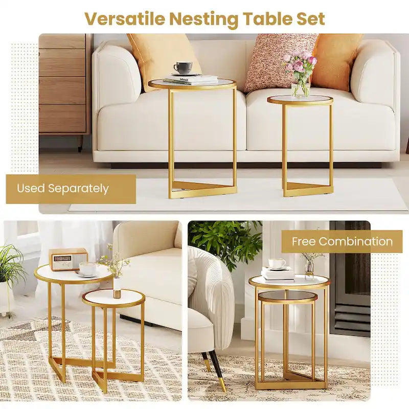 Round Nesting Tables Set of 2 - Faux Marble Top, Gold Metal Frame, 33lbs Capacity Each, Engineered Wood
