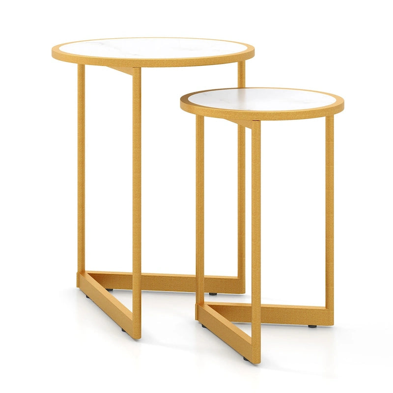 Round Nesting Tables Set of 2 - Faux Marble Top, Gold Metal Frame, 33lbs Capacity Each, Engineered Wood