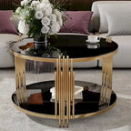 31.5" Black Mirror Coffee Table - Gold Finish Base, Lower Shelf, Asymmetrical Design, 120lbs Capacity, Modern Style