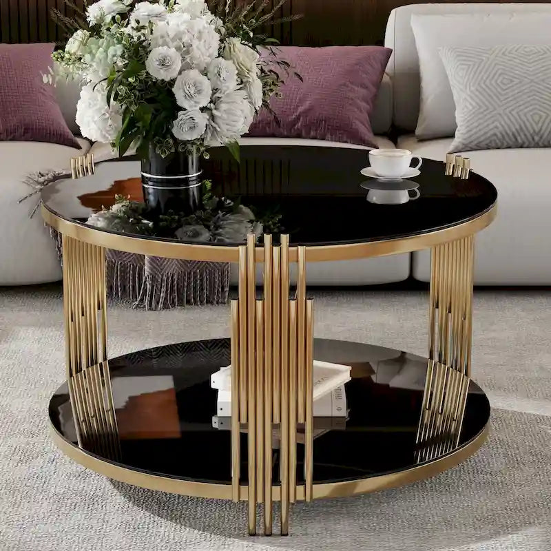 31.5" Black Mirror Coffee Table - Gold Finish Base, Lower Shelf, Asymmetrical Design, 120lbs Capacity, Modern Style