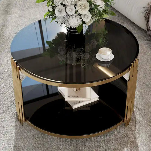 31.5" Black Mirror Coffee Table - Gold Finish Base, Lower Shelf, Asymmetrical Design, 120lbs Capacity, Modern Style
