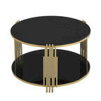 31.5" Black Mirror Coffee Table - Gold Finish Base, Lower Shelf, Asymmetrical Design, 120lbs Capacity, Modern Style