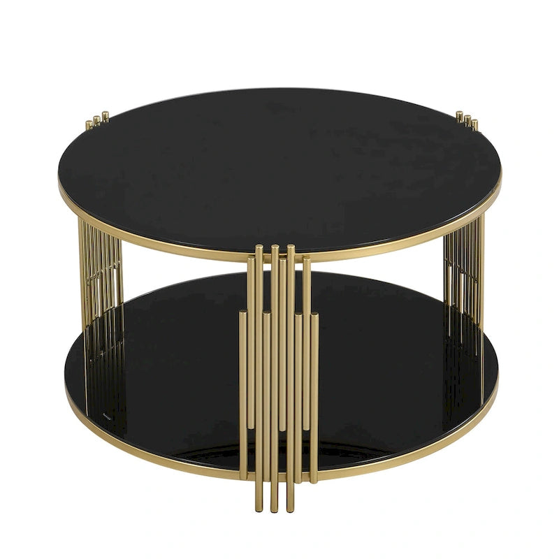 31.5" Black Mirror Coffee Table - Gold Finish Base, Lower Shelf, Asymmetrical Design, 120lbs Capacity, Modern Style