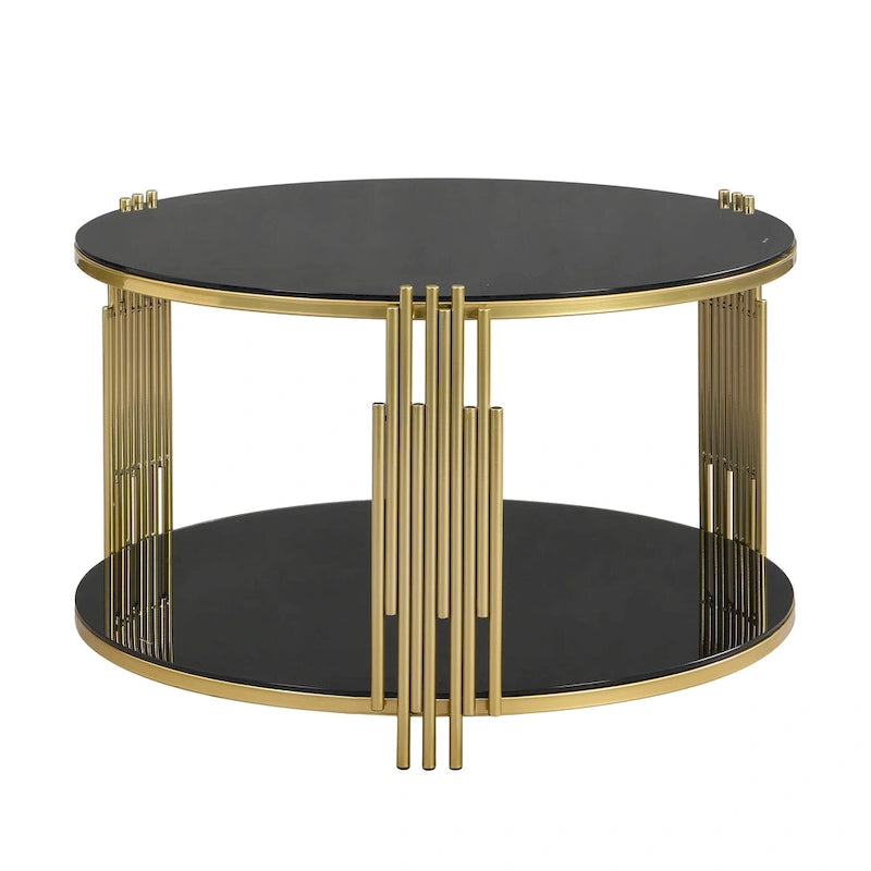31.5" Black Mirror Coffee Table - Gold Finish Base, Lower Shelf, Asymmetrical Design, 120lbs Capacity, Modern Style