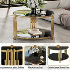 31.5" Black Mirror Coffee Table - Gold Finish Base, Lower Shelf, Asymmetrical Design, 120lbs Capacity, Modern Style