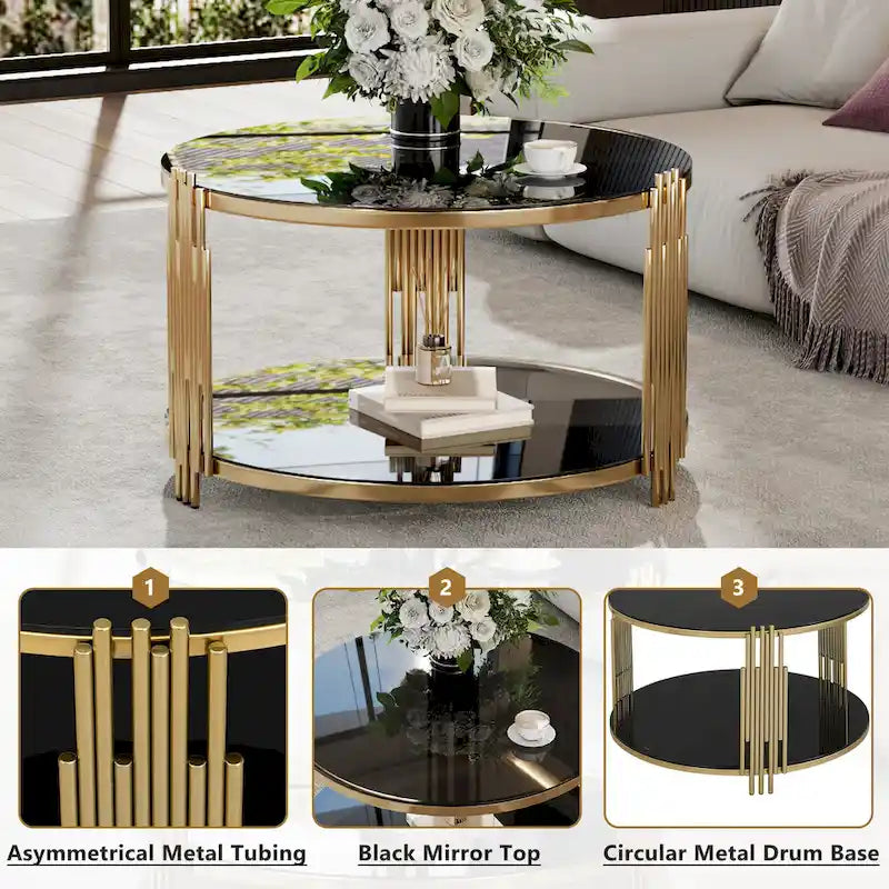31.5" Black Mirror Coffee Table - Gold Finish Base, Lower Shelf, Asymmetrical Design, 120lbs Capacity, Modern Style