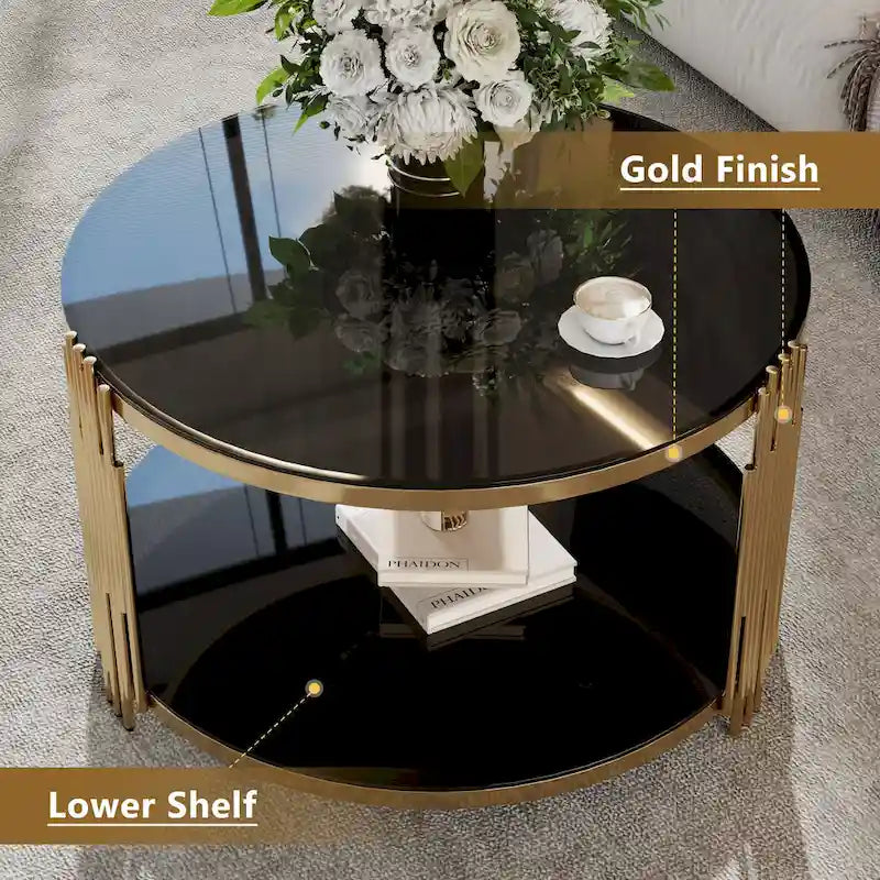 31.5" Black Mirror Coffee Table - Gold Finish Base, Lower Shelf, Asymmetrical Design, 120lbs Capacity, Modern Style