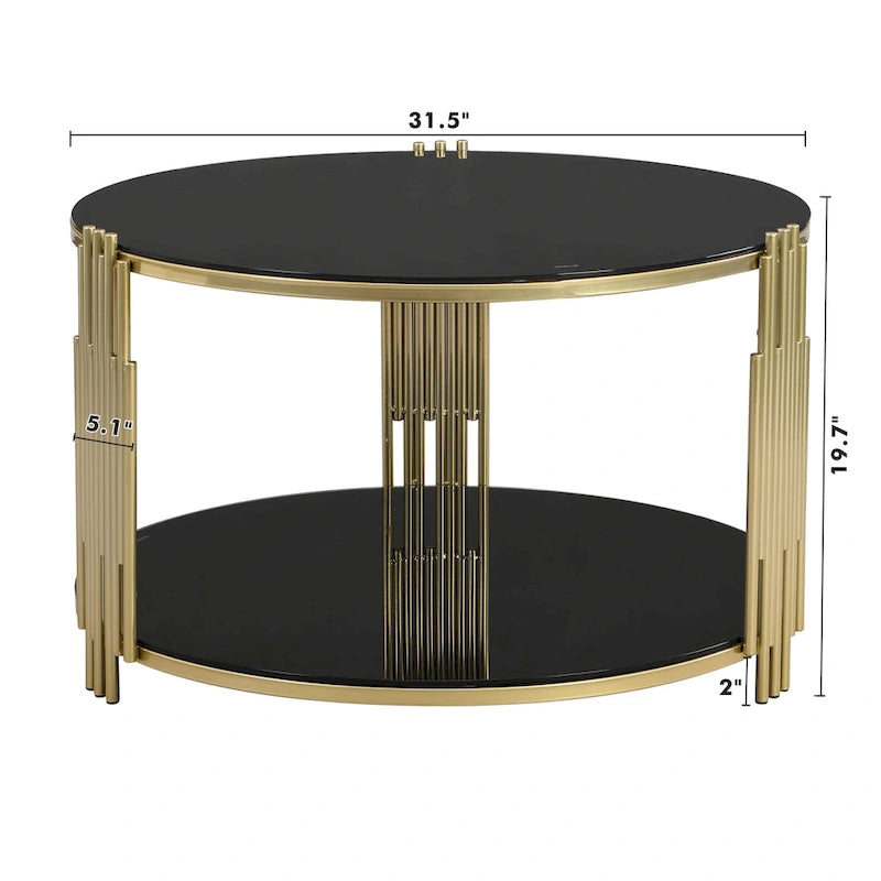 31.5" Black Mirror Coffee Table - Gold Finish Base, Lower Shelf, Asymmetrical Design, 120lbs Capacity, Modern Style