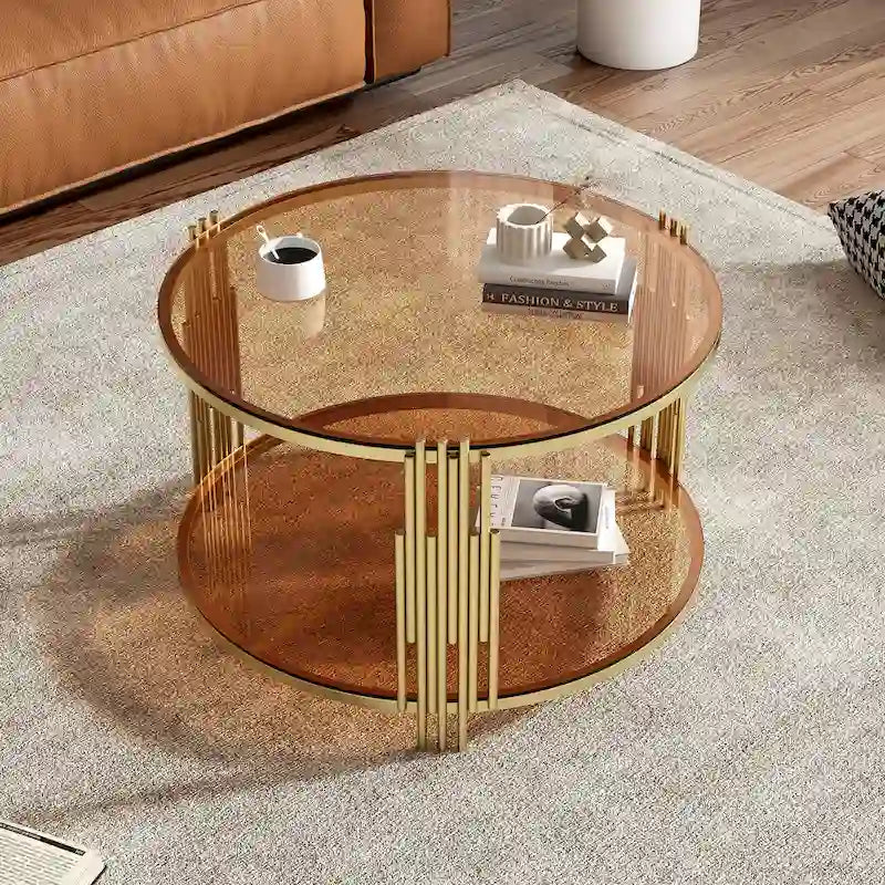 31.5" Black Mirror Coffee Table - Gold Finish Base, Lower Shelf, Asymmetrical Design, 120lbs Capacity, Modern Style