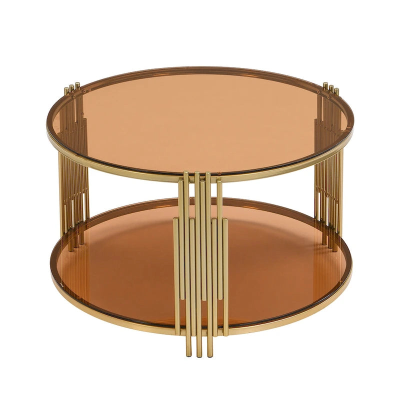 31.5" Black Mirror Coffee Table - Gold Finish Base, Lower Shelf, Asymmetrical Design, 120lbs Capacity, Modern Style