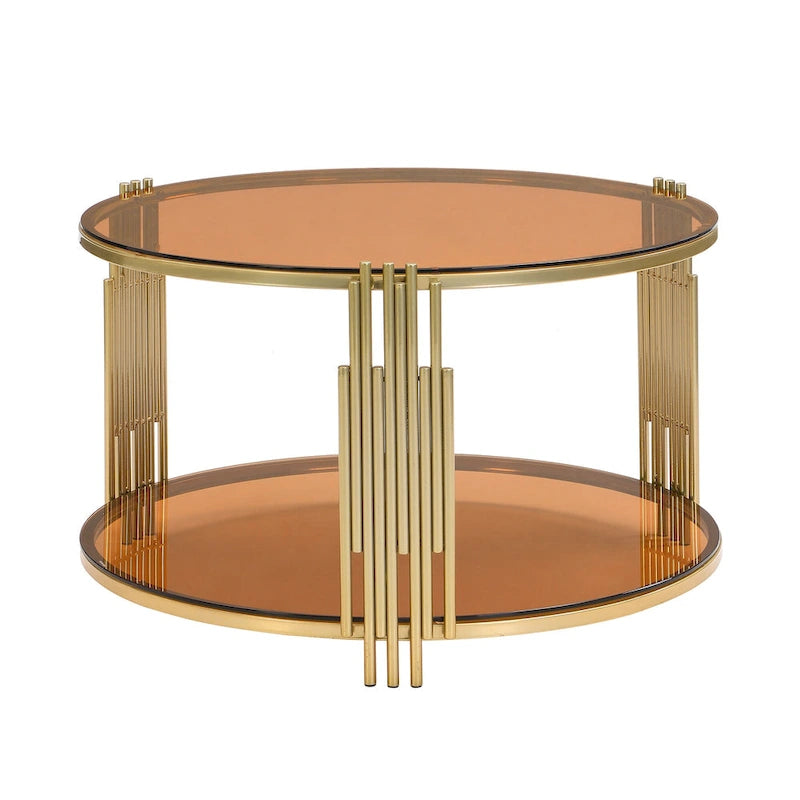 31.5" Black Mirror Coffee Table - Gold Finish Base, Lower Shelf, Asymmetrical Design, 120lbs Capacity, Modern Style