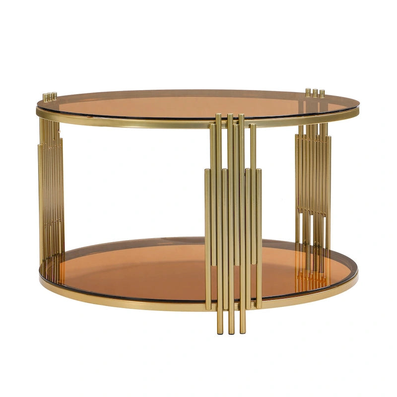 31.5" Black Mirror Coffee Table - Gold Finish Base, Lower Shelf, Asymmetrical Design, 120lbs Capacity, Modern Style