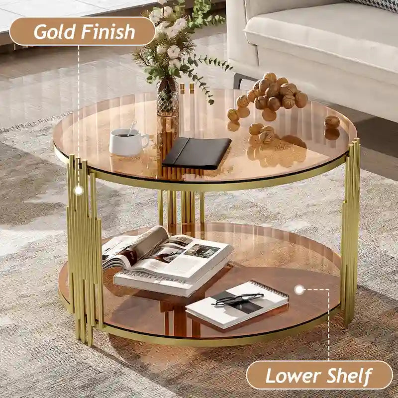 31.5" Black Mirror Coffee Table - Gold Finish Base, Lower Shelf, Asymmetrical Design, 120lbs Capacity, Modern Style