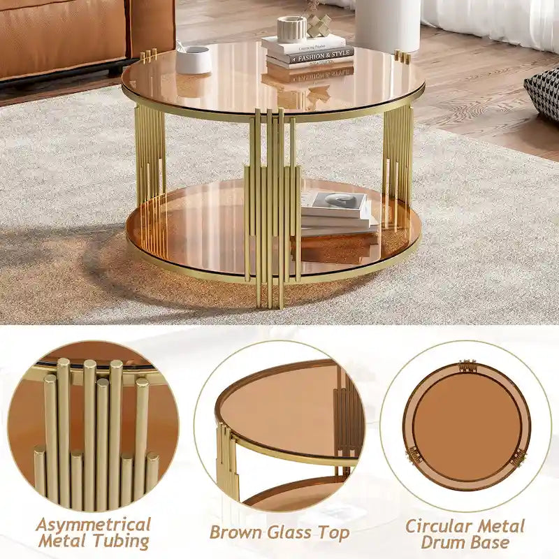 31.5" Black Mirror Coffee Table - Gold Finish Base, Lower Shelf, Asymmetrical Design, 120lbs Capacity, Modern Style
