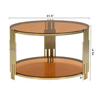 31.5" Black Mirror Coffee Table - Gold Finish Base, Lower Shelf, Asymmetrical Design, 120lbs Capacity, Modern Style