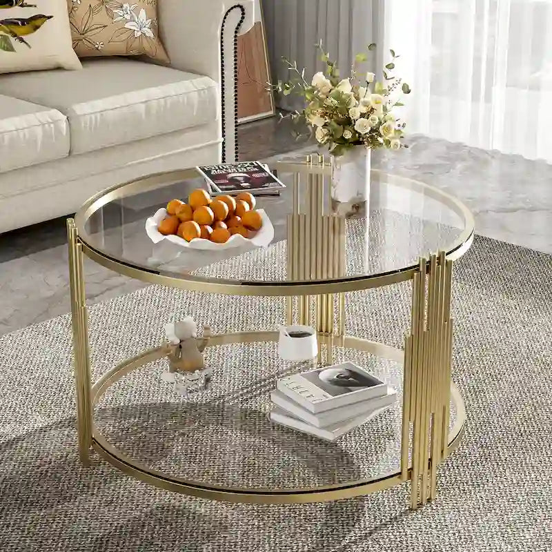 31.5" Black Mirror Coffee Table - Gold Finish Base, Lower Shelf, Asymmetrical Design, 120lbs Capacity, Modern Style