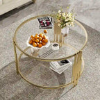 31.5" Black Mirror Coffee Table - Gold Finish Base, Lower Shelf, Asymmetrical Design, 120lbs Capacity, Modern Style