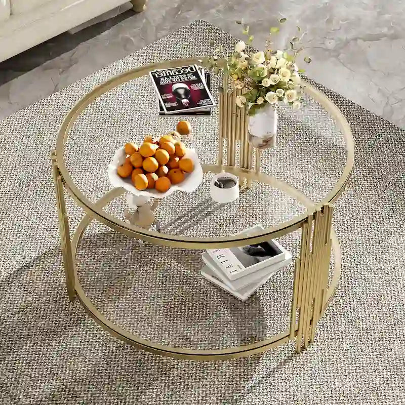 31.5" Black Mirror Coffee Table - Gold Finish Base, Lower Shelf, Asymmetrical Design, 120lbs Capacity, Modern Style