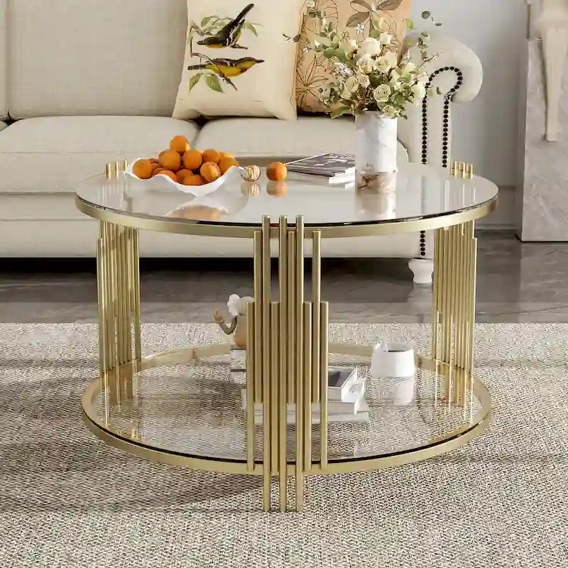 31.5" Black Mirror Coffee Table - Gold Finish Base, Lower Shelf, Asymmetrical Design, 120lbs Capacity, Modern Style