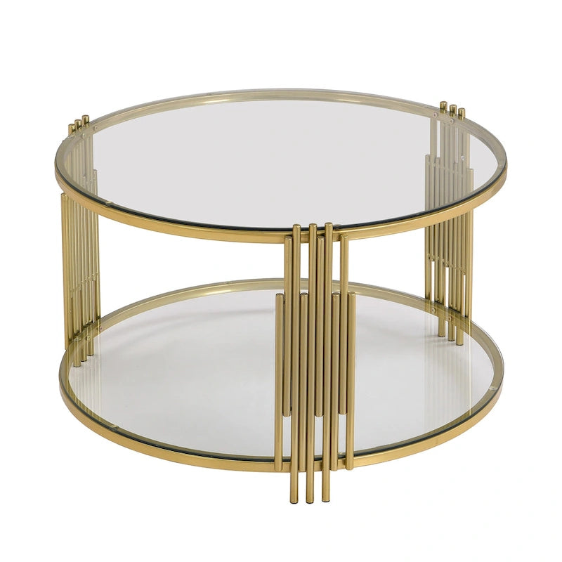 31.5" Black Mirror Coffee Table - Gold Finish Base, Lower Shelf, Asymmetrical Design, 120lbs Capacity, Modern Style