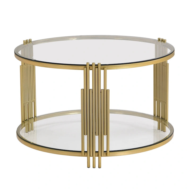 31.5" Black Mirror Coffee Table - Gold Finish Base, Lower Shelf, Asymmetrical Design, 120lbs Capacity, Modern Style