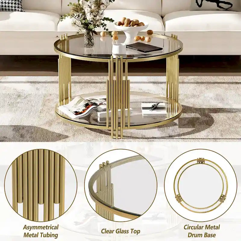 31.5" Black Mirror Coffee Table - Gold Finish Base, Lower Shelf, Asymmetrical Design, 120lbs Capacity, Modern Style