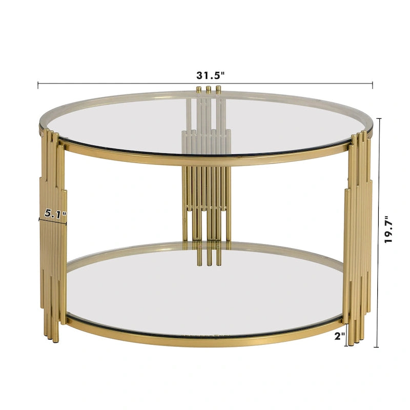 31.5" Black Mirror Coffee Table - Gold Finish Base, Lower Shelf, Asymmetrical Design, 120lbs Capacity, Modern Style