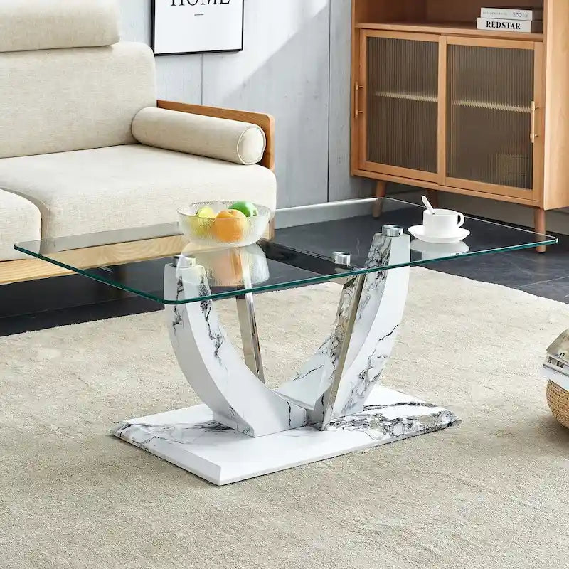 43.3" Rectangular Glass Coffee Table - Tempered Glass, Stainless Steel Columns, Thick Base, Modern Minimalist