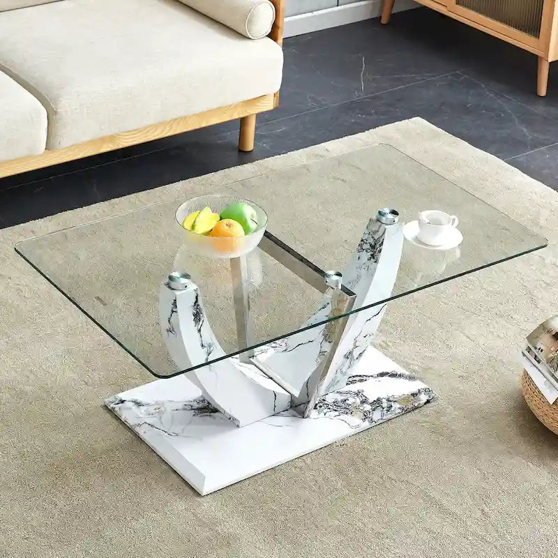 43.3" Rectangular Glass Coffee Table - Tempered Glass, Stainless Steel Columns, Thick Base, Modern Minimalist