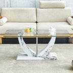 43.3" Rectangular Glass Coffee Table - Tempered Glass, Stainless Steel Columns, Thick Base, Modern Minimalist