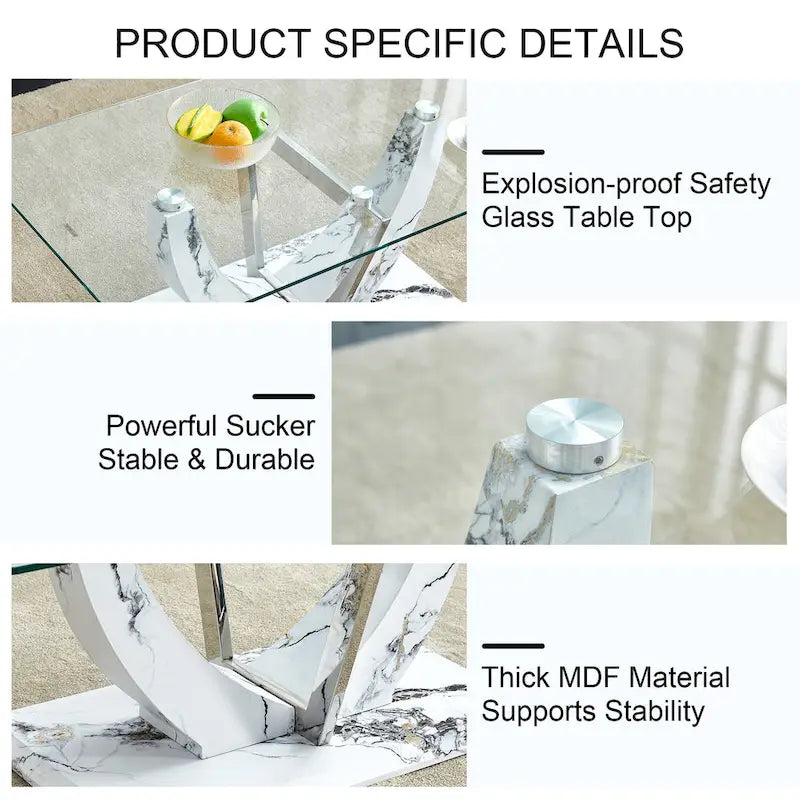 43.3" Rectangular Glass Coffee Table - Tempered Glass, Stainless Steel Columns, Thick Base, Modern Minimalist