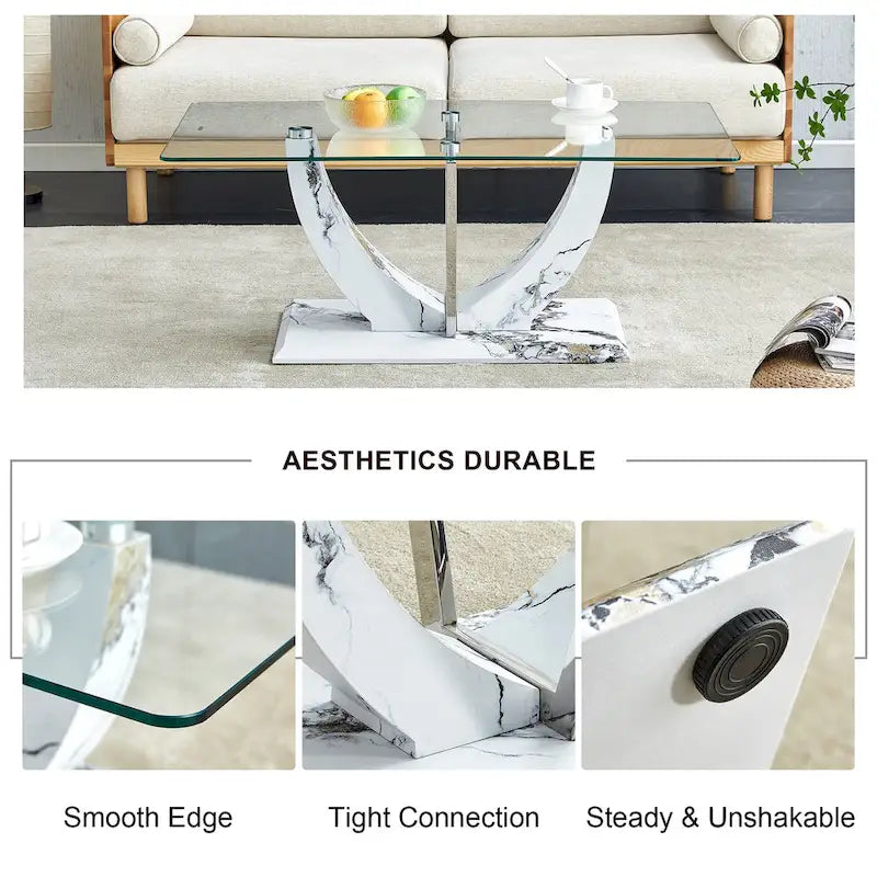 43.3" Rectangular Glass Coffee Table - Tempered Glass, Stainless Steel Columns, Thick Base, Modern Minimalist