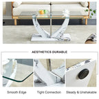 43.3" Rectangular Glass Coffee Table - Tempered Glass, Stainless Steel Columns, Thick Base, Modern Minimalist