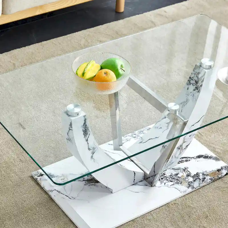 43.3" Rectangular Glass Coffee Table - Tempered Glass, Stainless Steel Columns, Thick Base, Modern Minimalist