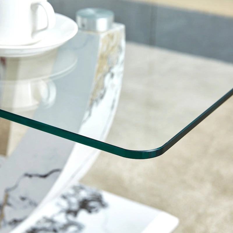 43.3" Rectangular Glass Coffee Table - Tempered Glass, Stainless Steel Columns, Thick Base, Modern Minimalist