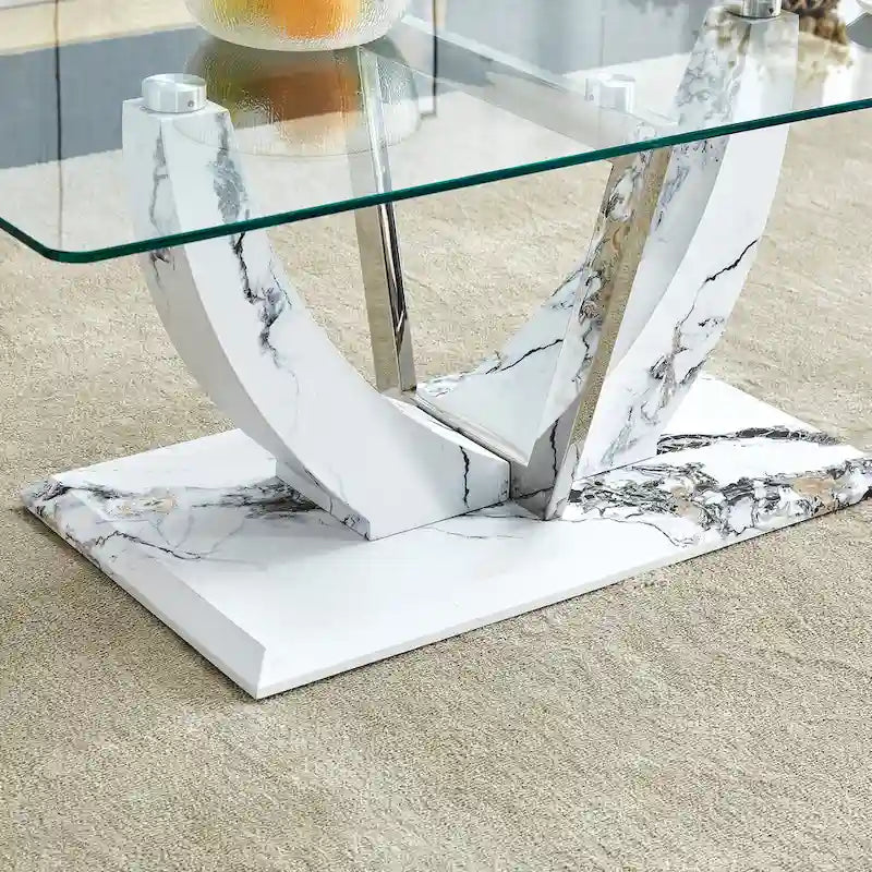 43.3" Rectangular Glass Coffee Table - Tempered Glass, Stainless Steel Columns, Thick Base, Modern Minimalist