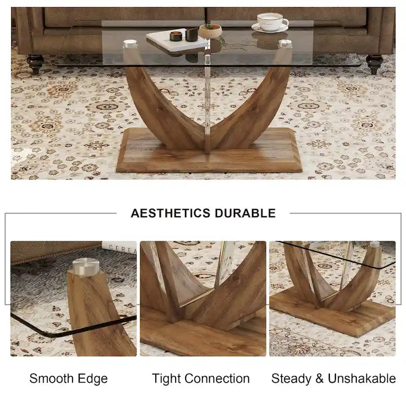 43.3" Rectangular Glass Coffee Table - Tempered Glass, Stainless Steel Columns, Thick Base, Modern Minimalist