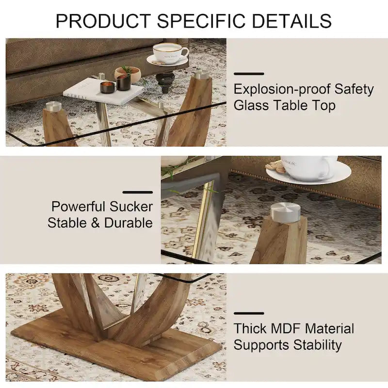 43.3" Rectangular Glass Coffee Table - Tempered Glass, Stainless Steel Columns, Thick Base, Modern Minimalist