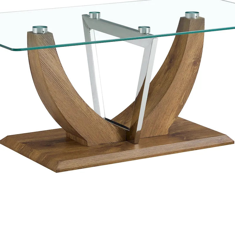 43.3" Rectangular Glass Coffee Table - Tempered Glass, Stainless Steel Columns, Thick Base, Modern Minimalist